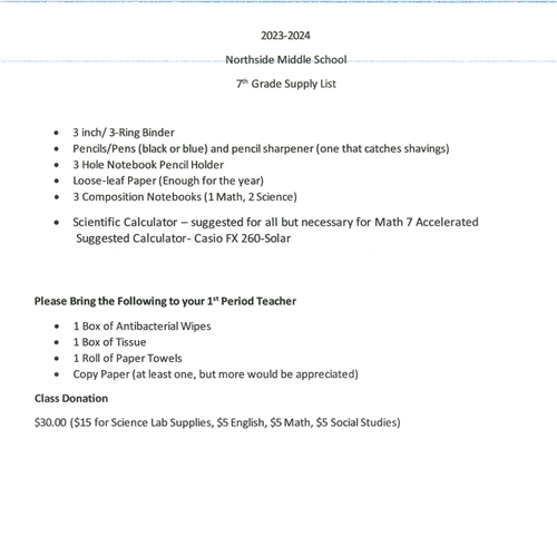 7th Grade Supply List
